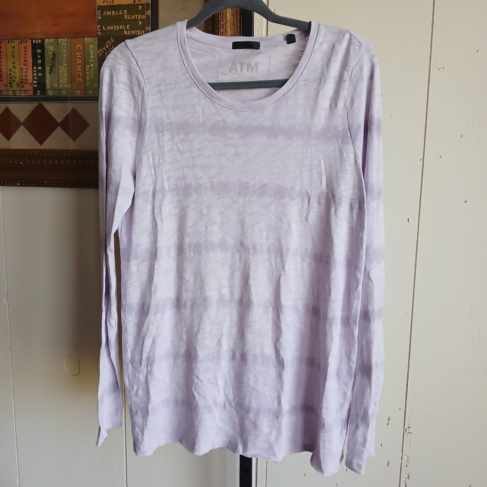 ATM SLUB JERSEY DESTOYED WASH LONG SLEEVE TEE IN STRIPED THISTLE SIZE L